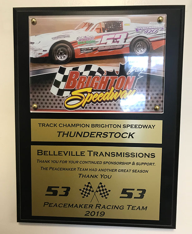 Peacemaker Racing Team plaque thanking for 2019 sponsorship