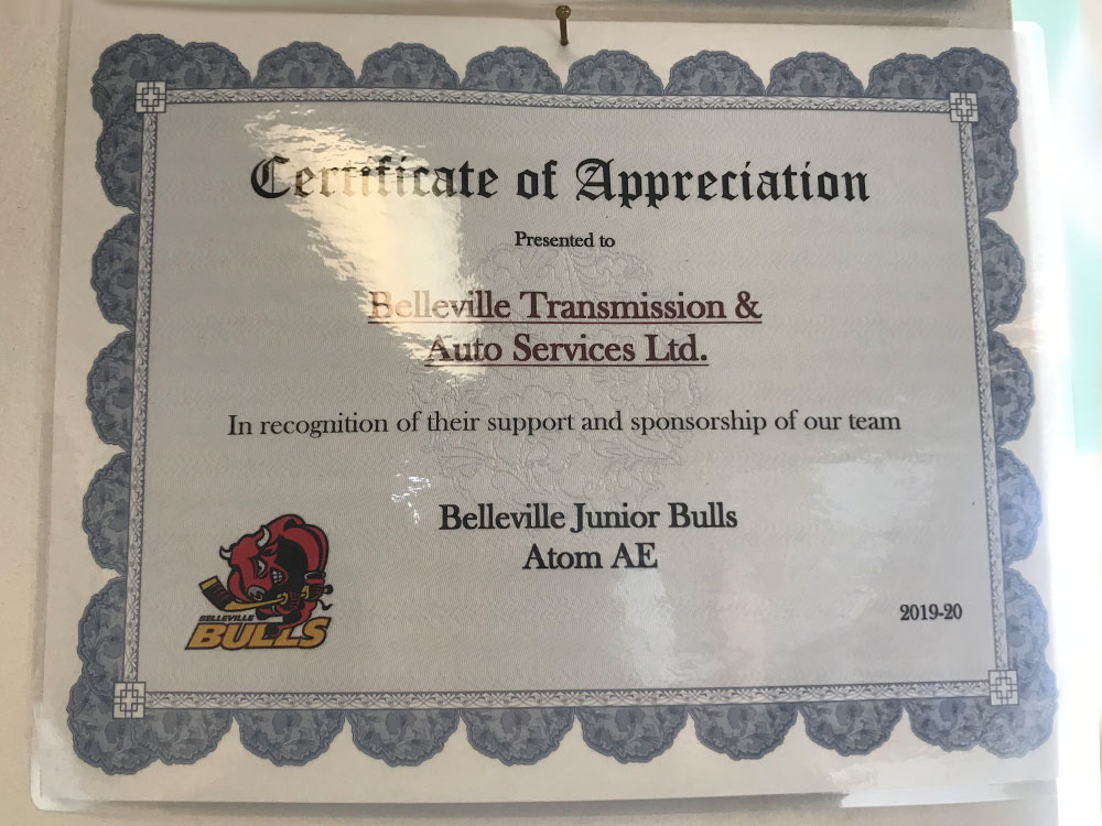 2019-20 Certificate of appreciation from the Belleville Junior Bulls