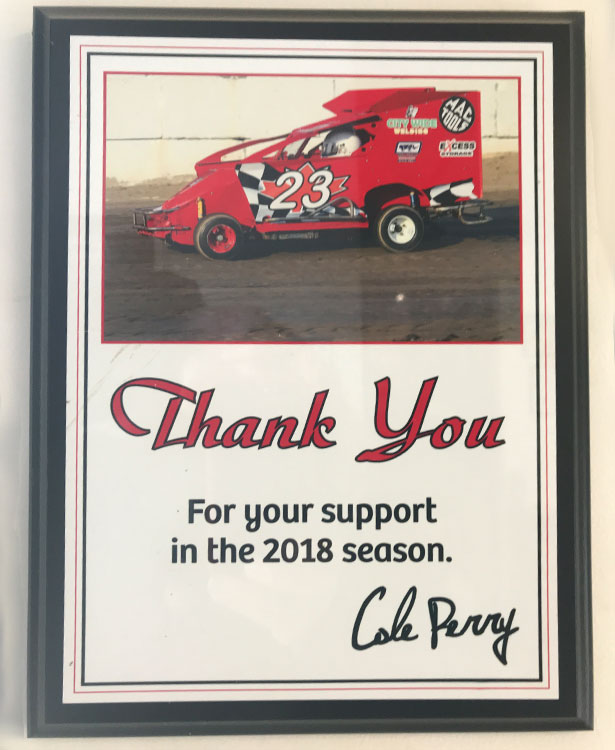 2018 picture of thanks signed by race car driver Cole Perry